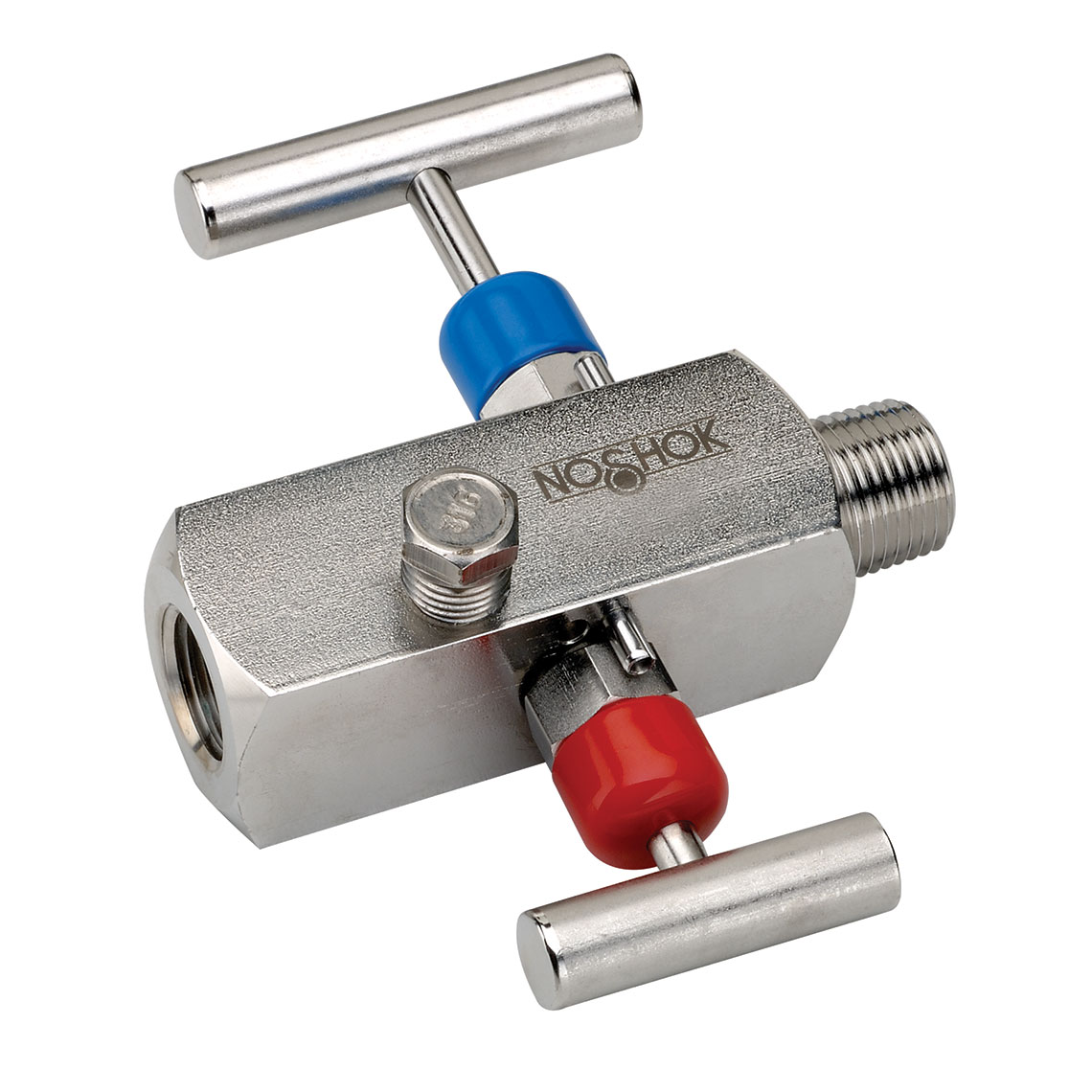 Part Number 2170-MMS, 12 National Pipe Thread (NPT), Male x Male,  Stainless Steel, Soft SeatTip, 0.187 Orifice Block and Bleed 2-Valve On  NOSHOK, Inc.