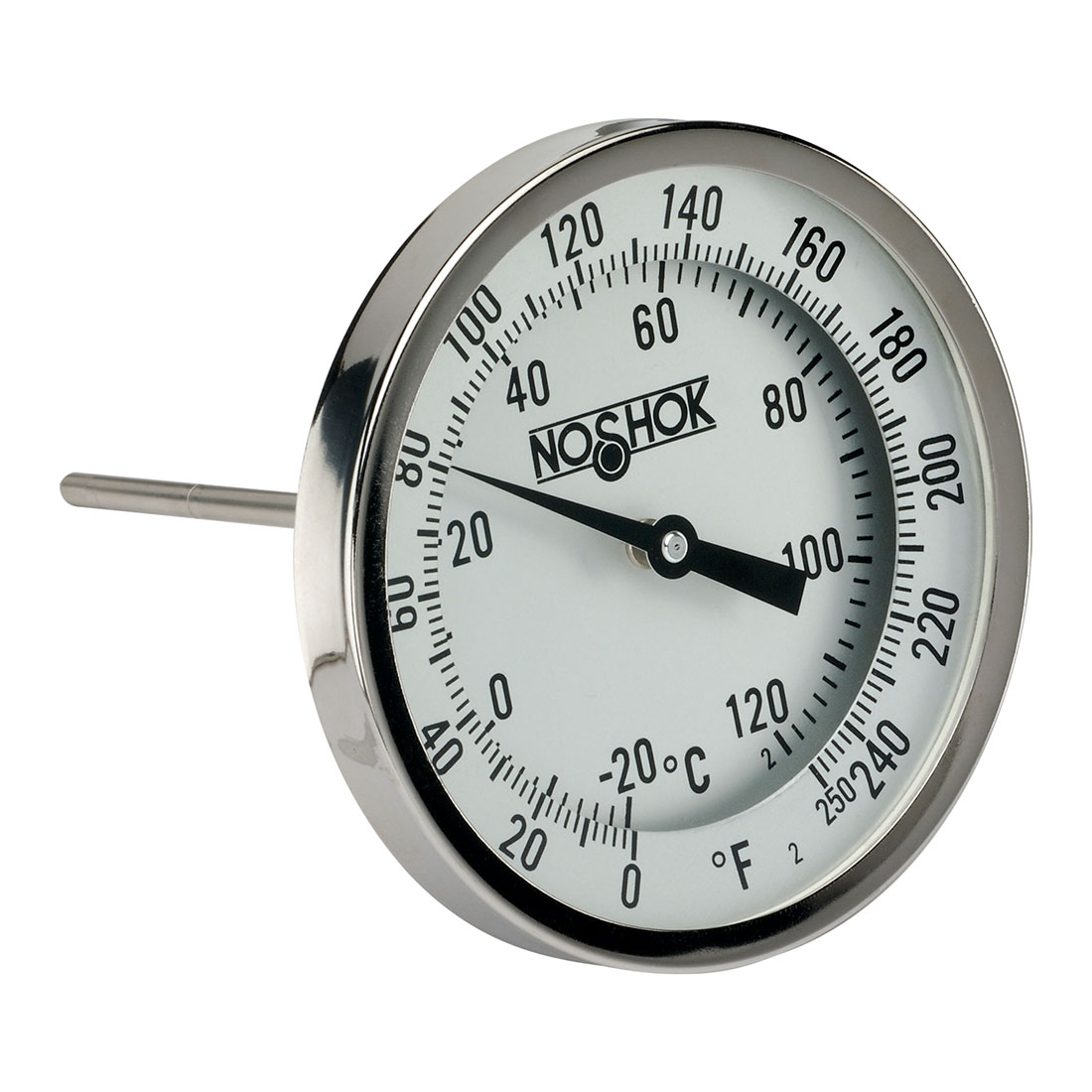 Part Number 30-310-060-200/1000-F/C, 3 Bimetal, 1/2 National Pipe Thread  (NPT) Back Connection, 6 Stem Length, 200/1,000 ºF/ºC, 0.250 Diameter  Thermometer On NOSHOK, Inc.